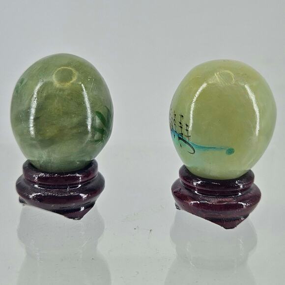 2 Hand Painted Miniature Green Jade Eggs Wooden Stands Panda Great Wall of China - Picture 3 of 5